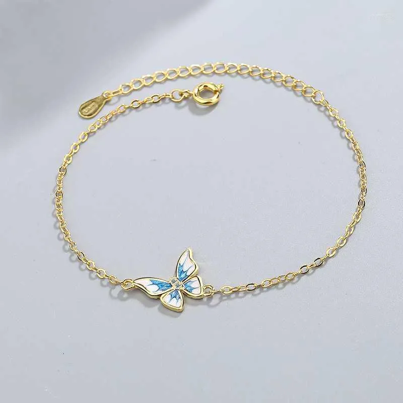 Braccialetti a maglie Ciondolo a farfalla blu squisito Catena color oro Braccialetti femminili Piccolo ciondolo in pietra di cristallo di zirconi per le donne