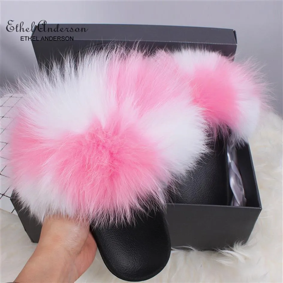 Ethel Anderson Fur Slippers Women REAL FOX FUR SLIDES FURRY FARTY SANDALS FULLE TEELD FLAUDE FLUFFY SHOES S20331329Z