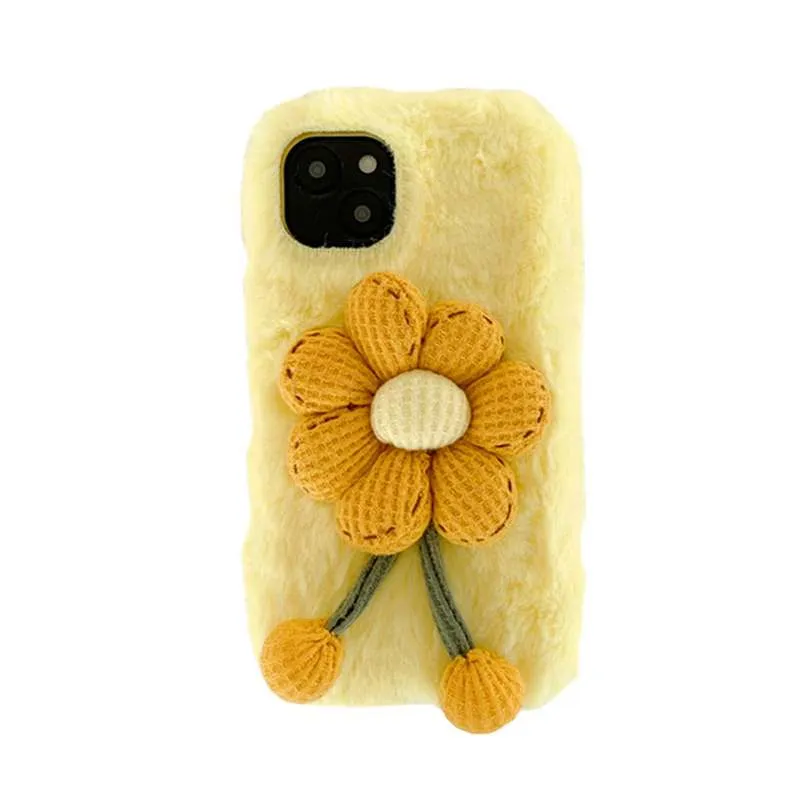 3d gul solros plyschfodral för iPhone 15 14 13 Pro Max 12 11 x xs xr 8 7 6 Plus Fashion äkta kanin hårblomma blommor fluffiga päls flickor mjuk tpu fuzzy mobilt omslag