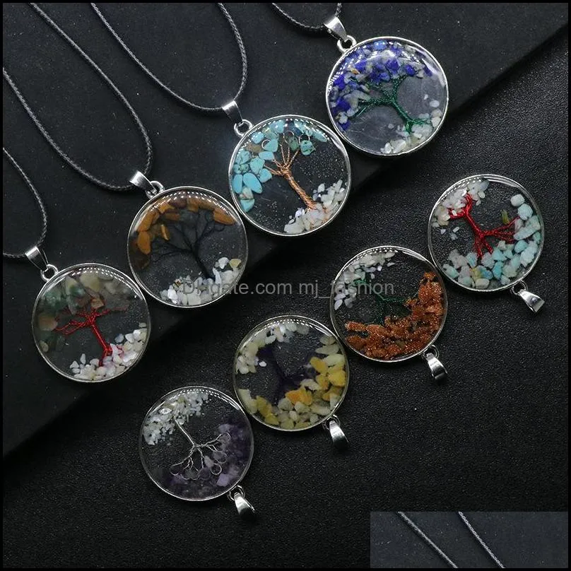 Pendant Necklaces Tree Of Life Pattern Reiki Healing Crystal Pendant Energy Round Edged Broken Stone Quartz Rope Necklac Dhseller2010 Dhlcd