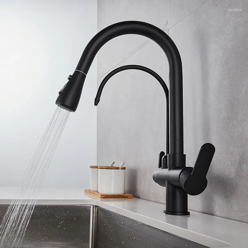 Küchenarmaturen Ausziehbarer Wasserhahn aus massivem Messing für die Installation auf der Arbeitsplatte, schwarzes Wasserfilter-Waschbecken