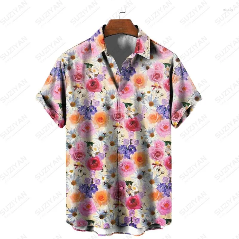 Camisas casuais masculinas com estampa de frutas havaianas, mangas curtas, padrão floral, roupas da moda, camisa solta de verão