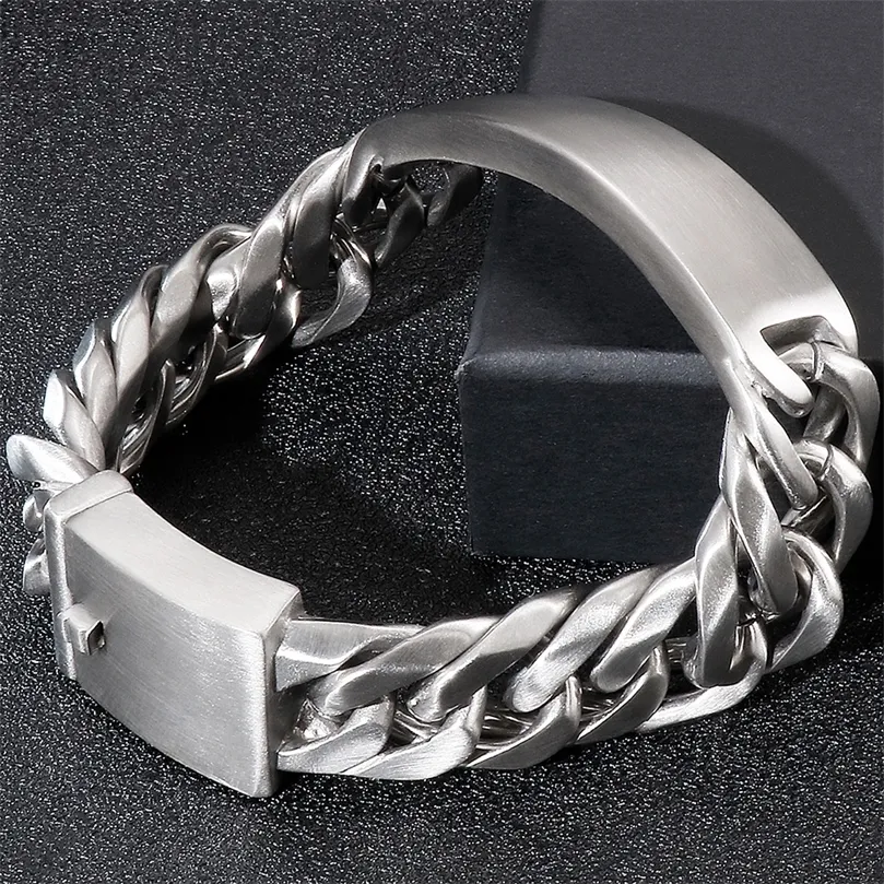 Bracelet Massif Engravable ID Bracelet Pour Hommes 18MM Brossé Mat En Acier Inoxydable Hommes Sur La Main Chaîne Bracelets Bijoux Mannen Brassard 220831