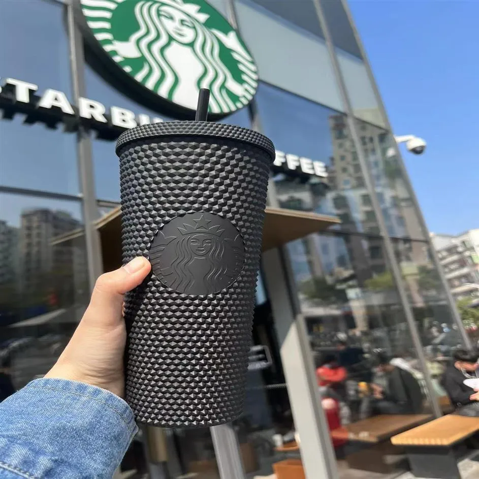 2021 Starbucks Studded Cup Tumblers 710ml 무광택 검은 색 플라스틱 머그잔 밀짚 공장 공급 235o