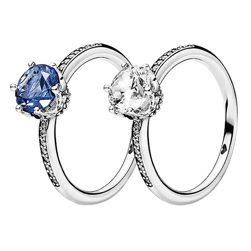 Anel de coroa brilhante azul 925 prata esterlina feminino meninas conjunto de joias de casamento para pandora cz diamante namorada anéis de presente com caixa original