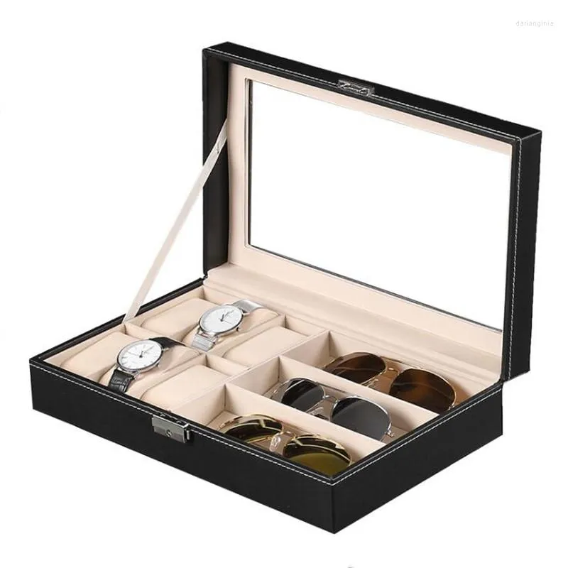 Boîtes de montre 6 3 grilles boîte bois/PU cuir support organisateur pour Quartz bijoux stockage affichage cadeau