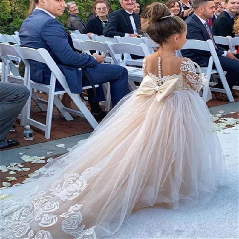 Girl Dresses Champagne Tulle Flower Bow Lace Appliques Long Sleeve For Wedding Birthday Ball Gown First Holy Communion FL41