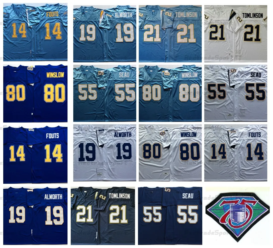 Vintage 1987 Mens 21 LaDainian Tomlinson Football Jerseys 14 Dan Fouts 55 Junior Seau 19 Lance Alworth 80 Kellen Winslow Jersey Stitched