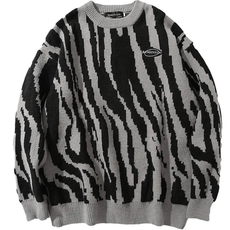 Men suéteres japoneses harajuku suéter vintage de inverno zebra listrado no pescoço redondo pullovers de malha