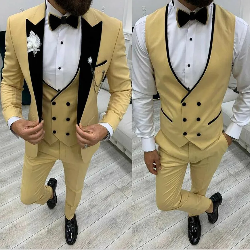 Klassisk gula brudgummen bröllop smoking 3 stycken kläder kostym homme mariage party prom blazer slitage