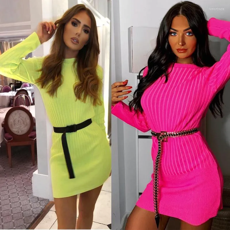 Sıradan Elbiseler Bkld Kış Moda Kadın Neon Renk Uzun kollu O-Neck Gece Kulübü Elbise 2022 Sonbahar Seksi İnce Yüzük Örme Mini Sweater