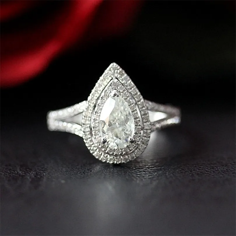 Anelli anelli di solitari anelli unici aureola doppia 5x8mm taglio a pera impegno brillante oro bianco 14k per donne 220829