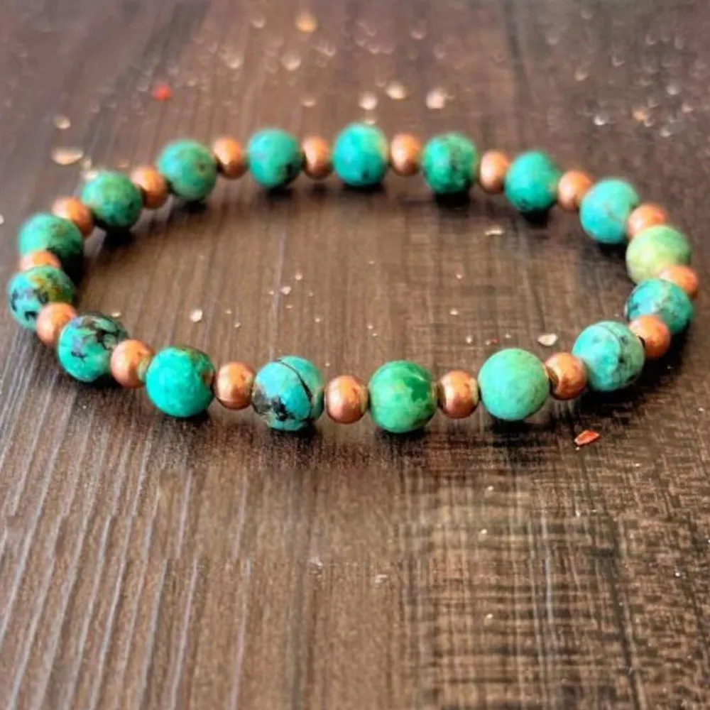 MG1609 STRAND NIEUWE Design Throat Chakra Pols Mala Bracelet 6 mm Afrikaans Turquoise koperen kralen armband voor vrouwen