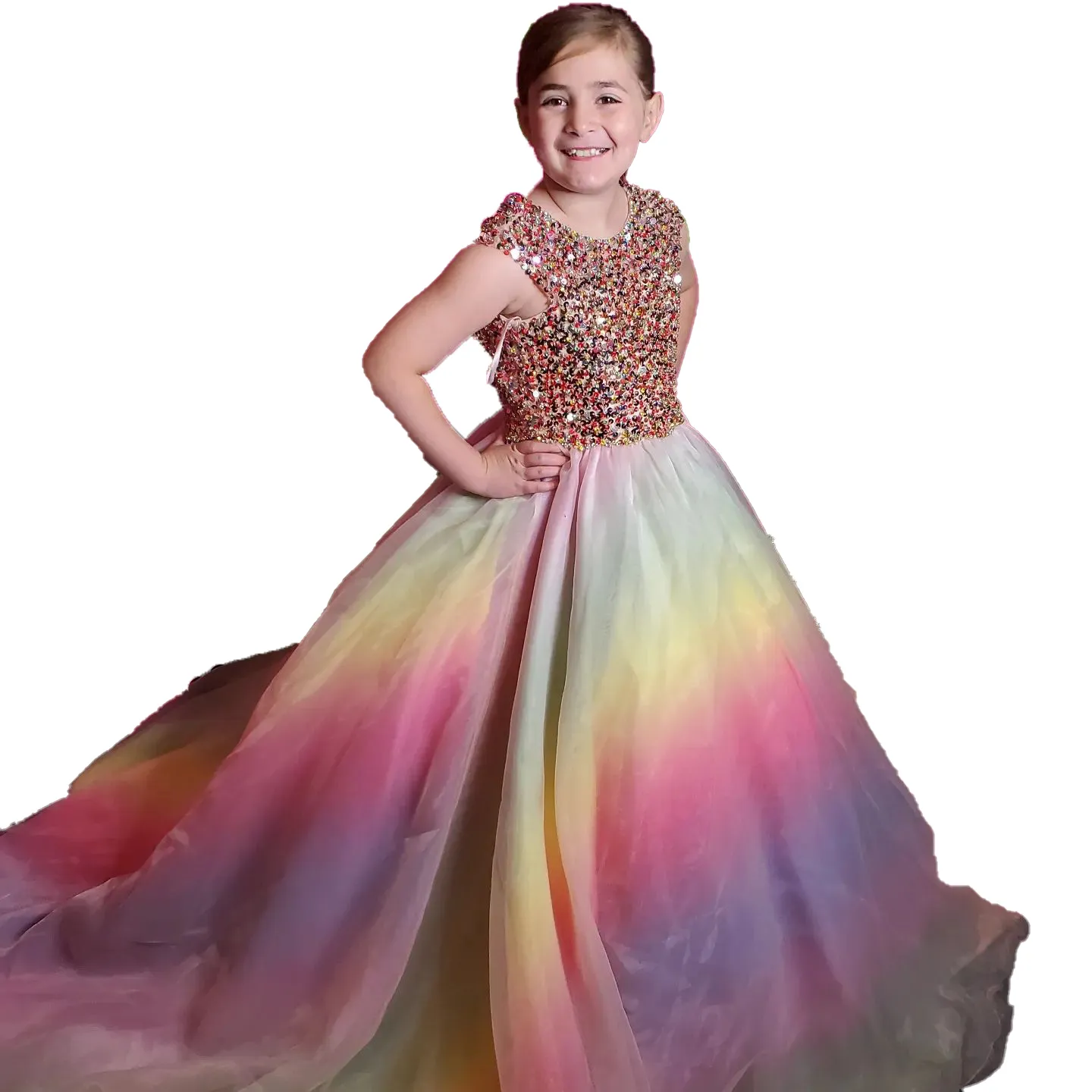 Unicórnio Organza Girl Pageant Dress 2023 Ballgown Multi-Color Little Miss Kid Aniversário Evento Formal Festa Vestido de Dança Sweep Train Joia Pescoço Flor Meninas Corpete de Lantejoulas