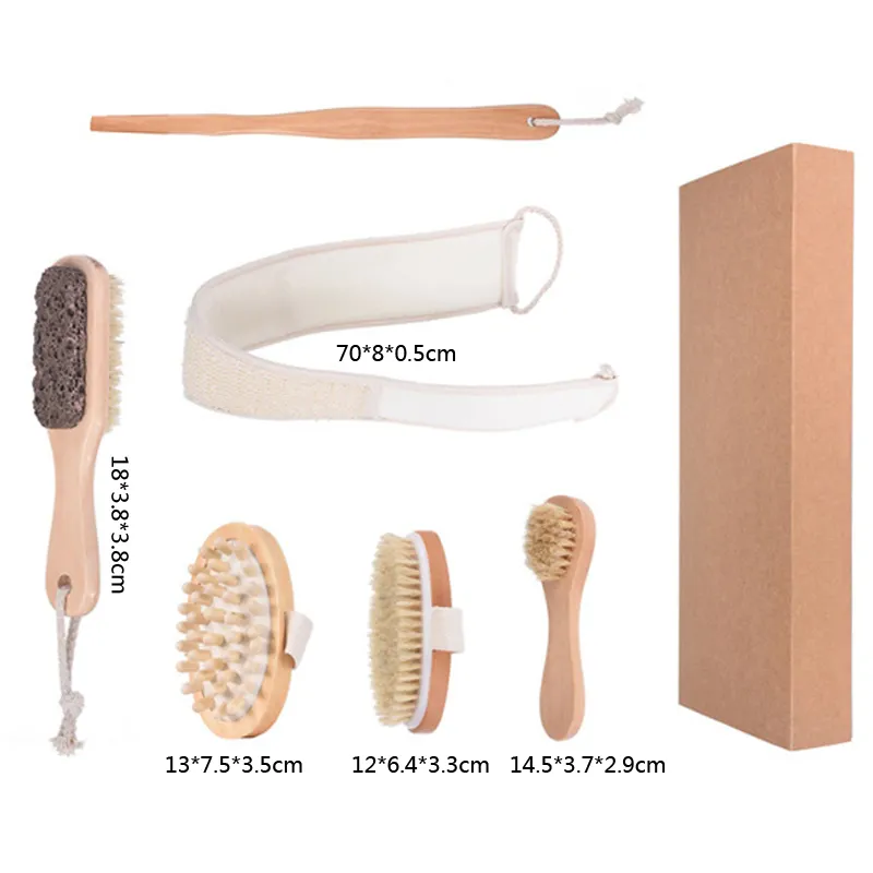 Wood Color Bath Brush 5Pcs Set Natural Man e Face Back Foot BodyBrush Bristle Body Dry Brushes Grinding Stone Cotton Linen BathTowel WLL1652