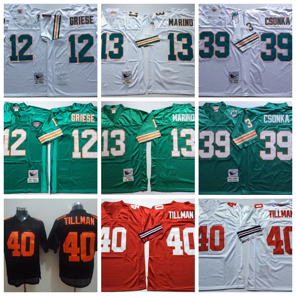 NCAA Foobtall 40 Pat Tillman Jersey 12 Bob Griese 13 Dan Marino 39 Larry Csonka Black Red White Green Man Vintage All Stitched