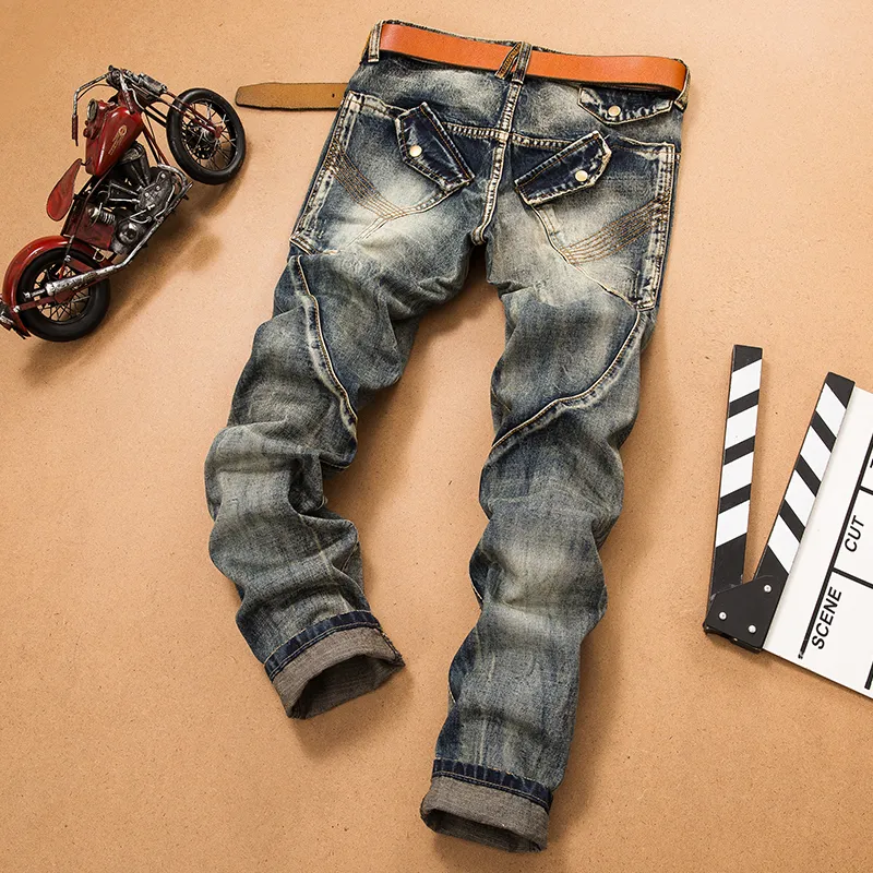 Jeans masculinos calças masculinas emenda jean denim calças motociclista de alta qualidade masculino em linha reta casual designer muitos multi-bolso 2939