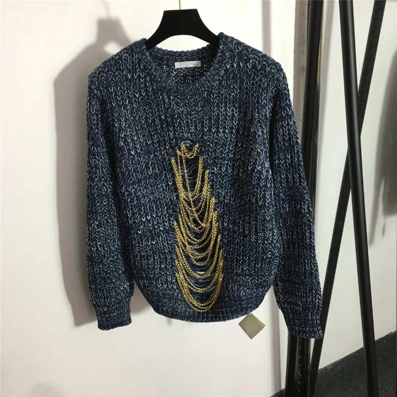 2022 Women's Knit Sweater Designer Tops With Hole Chain Girls Brand Milan Runway Tassel Designer Crop Top High End Custom Crew Neck Loose Long Sleeve Stretch Pullover