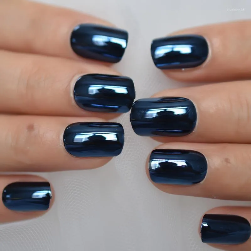 Falso unhas de alto brilho punk punk azul claro azul falso curto acrílico dicas de unhas refletivas espelho de manicure