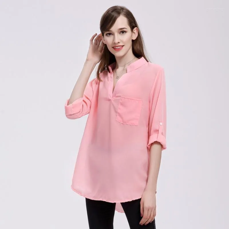 Polos pour femmes col en V grande taille ample à manches longues chemise décontractée dame OL Style hauts femme vêtements Blusas femmes classique en mousseline de soie Blouse