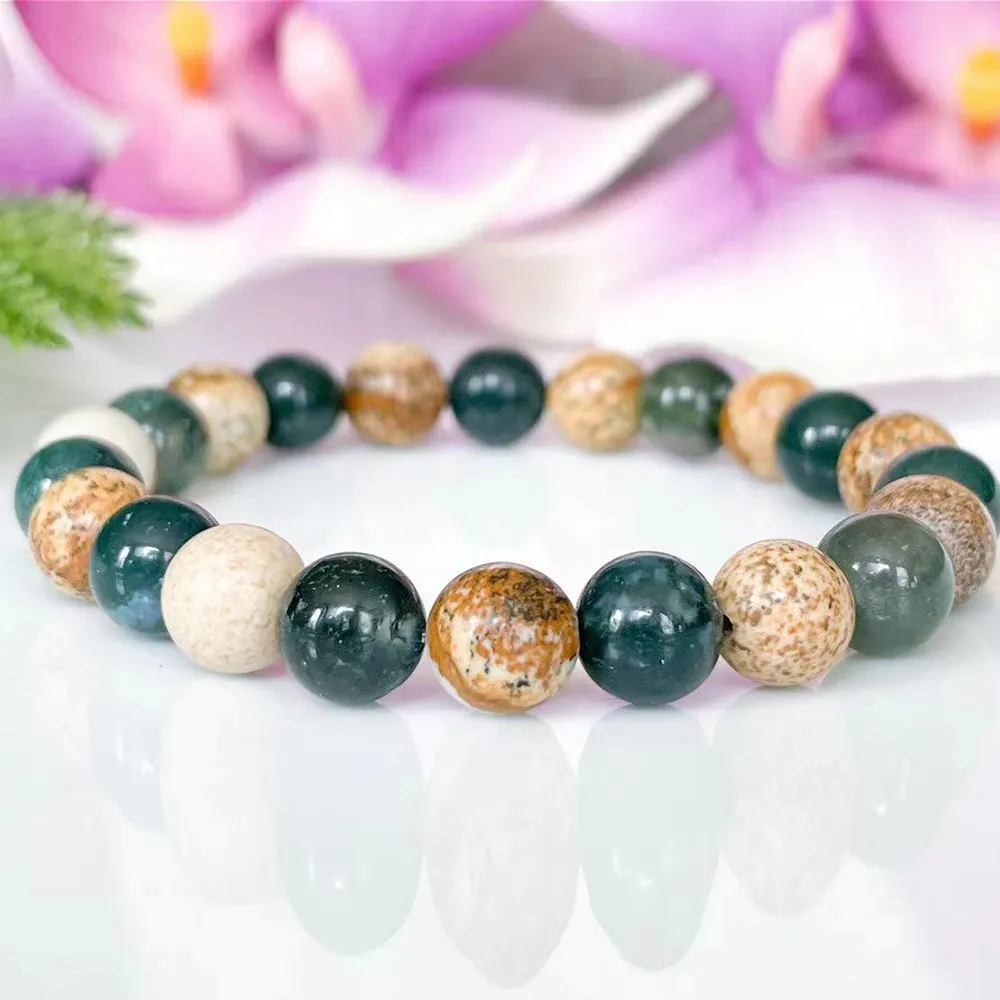 MG1548 Strand Moss Agate et Picture Jasper Bracelet perlé Cristaux de guérison Balance Gemstone Yoga Bracelet pour femme