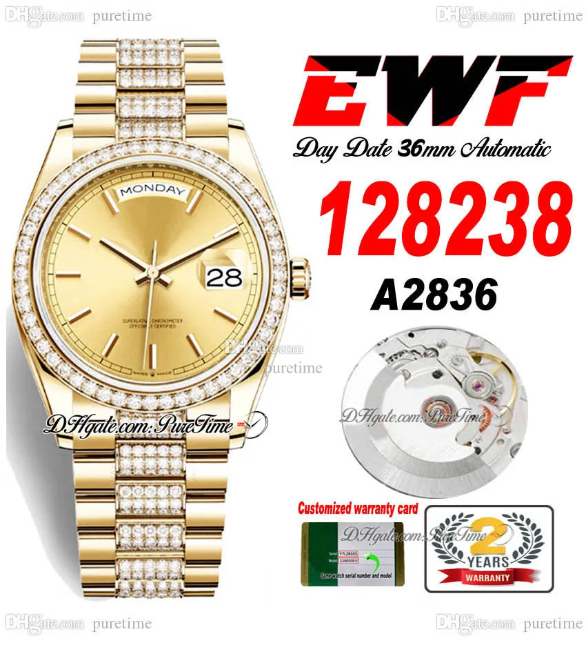 EWF DAG DATUM 128238 A3255 Automatisk unisex -klocka Mens Ladies 36 YG Gold Stcik Dial Diamonds Case and Presidential Armband Samma seriekort Super Edition Puretime E5