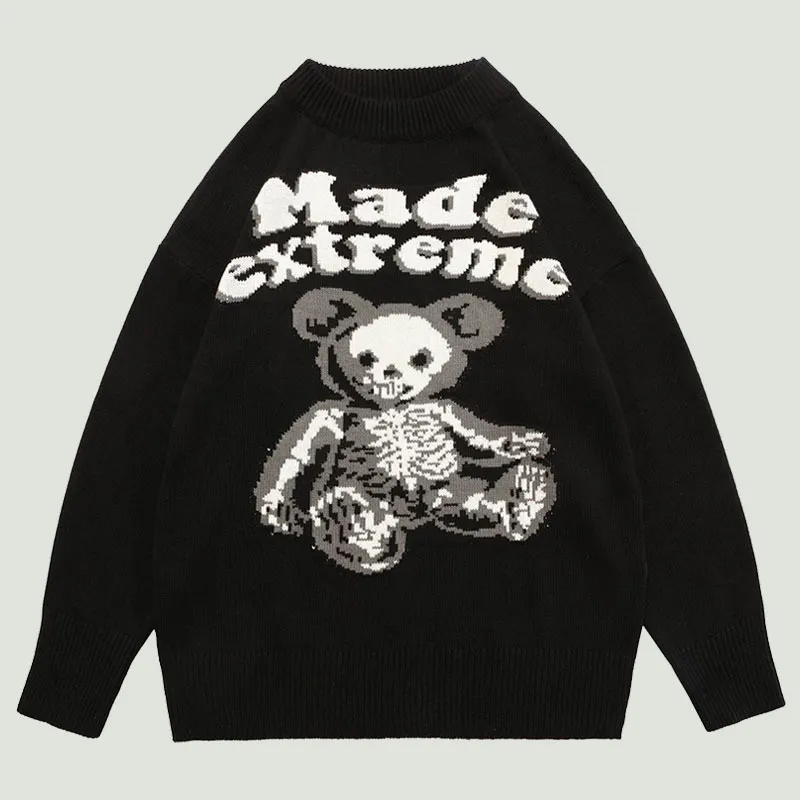 Herrtröjor Streetwear Vintage Bear Skeleton Letter Sticked tröja Mens Harajuku överdimensionerade lösa Casual Cotton Pullover Couples Autumn 220831