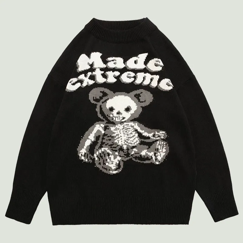 Men's Sweaters Streetwear Vintage Bear Skeleton Letter Knitted Sweater Mens Harajuku Oversized Loose Casual Cotton Pullover Couples Autumn 220831