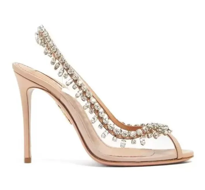 2022 Letni luksusowa pokusa kryształowe sandały sandały dla kobiet upiększone PVC Peep Stopa Seksowne obcasy burzowe ślubne przyjęcie weselne 35-41