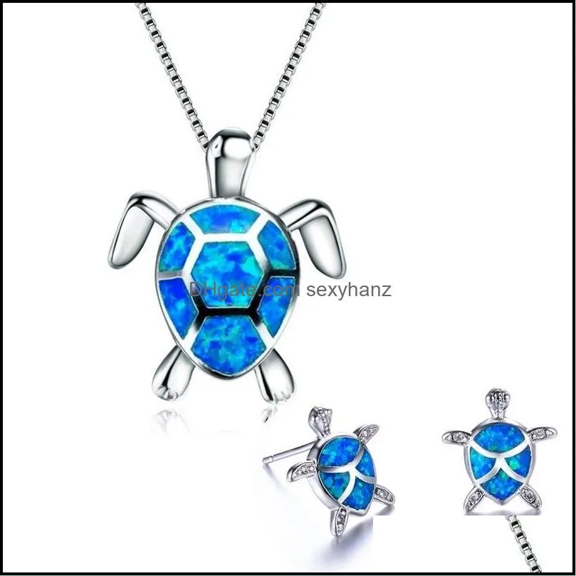 Earrings Necklace 925 Sterling Sier Cute Turtle Pendant Necklace And Earrings Blue Fire Opal Filled Female Wedding Animal Sexyhanz Dh09R