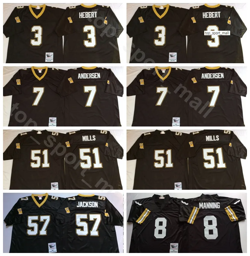 NCAA Football 8 Archie Manning Jersey 57 Rickey Jackson 7 Morten Andersen 3 Bobby Hebert 51 Sam Mills Black Man Vintage All Stitched