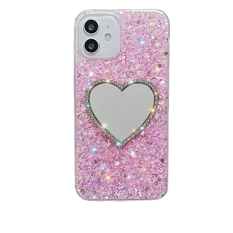 Glitter Ladies Phone Cases With Makeup Mirror For iphone 14 Pro Max 13 12 11 Xs XR 8 7 Plus Luxruy Rhinestone Sequins Cover Shockproof Anti Drop