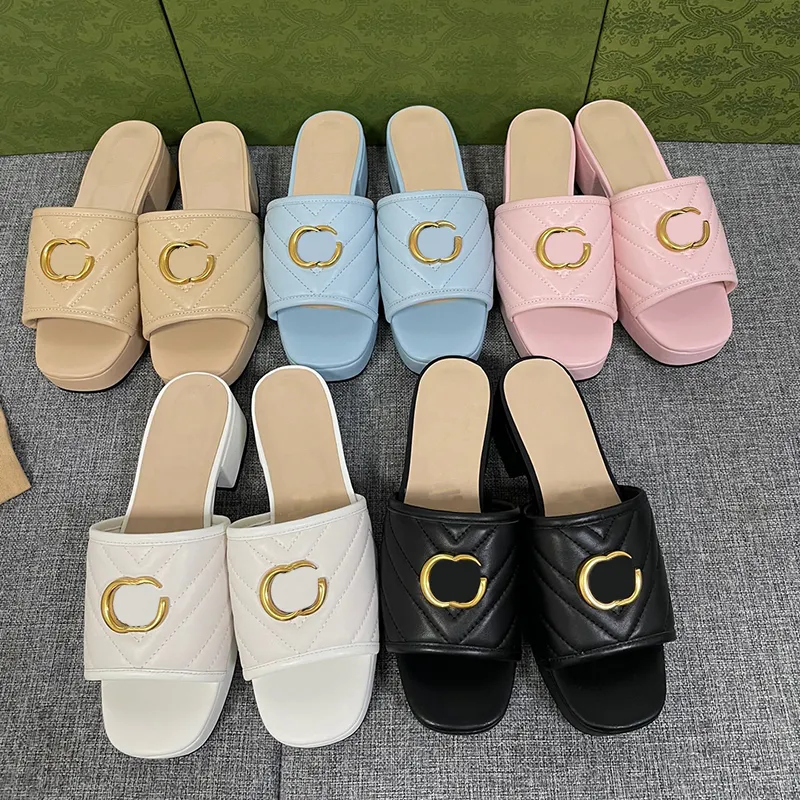 Metal Double Letter Slippers Leather Home Shoes 5 Colors Women Casual High Heels Sandals without Box