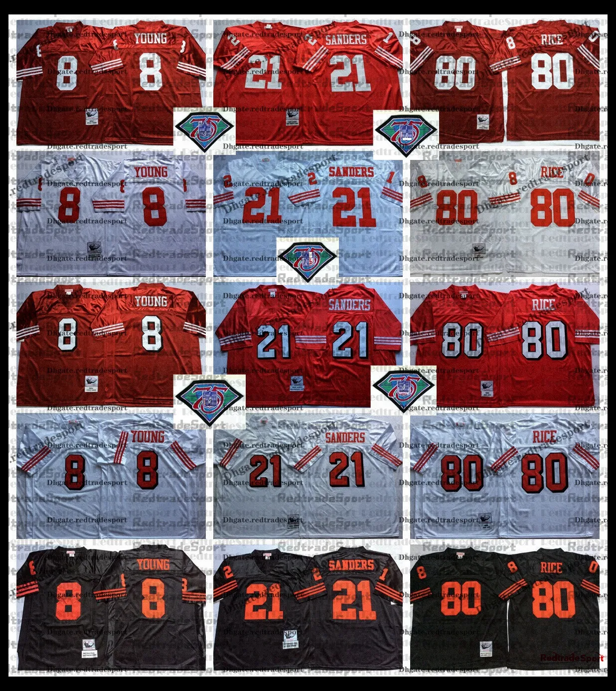 Jersey Vintage Mens 8 Steve Young 21 Deion Sanders 80 Jerry Rice Football Maglie 1994 Red 75th Jersey ricami magliette cucite nere m-xxxl