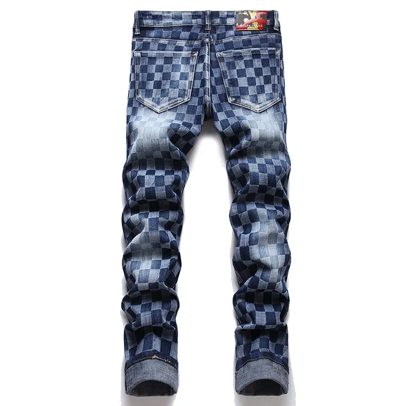 2022 Autumn Casual maschi per maschi a quadri di jeans sottili pantaloni di denim blu slim contrasto design a colori pantaloni tratto tratto pantalone274r