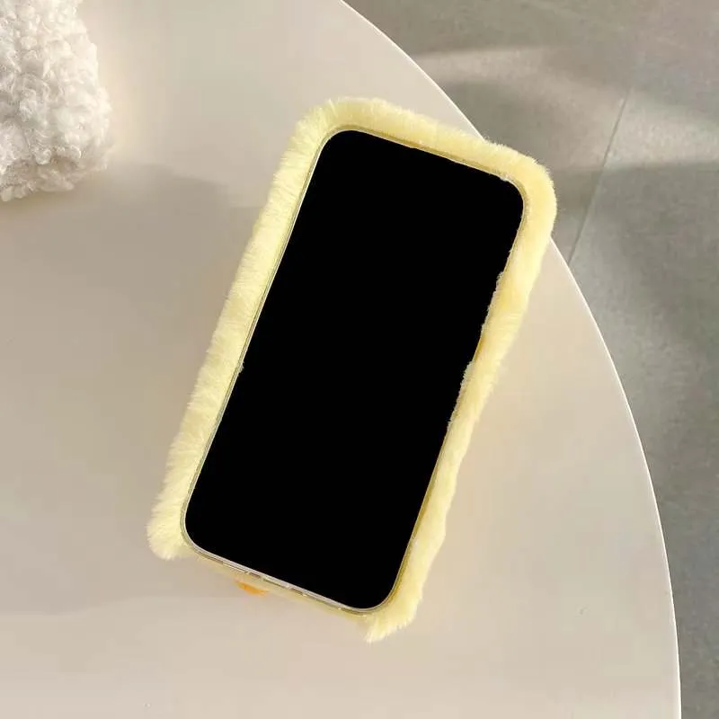 3d gul solros plyschfodral för iPhone 15 14 13 Pro Max 12 11 x xs xr 8 7 6 Plus Fashion äkta kanin hårblomma blommor fluffiga päls flickor mjuk tpu fuzzy mobilt omslag