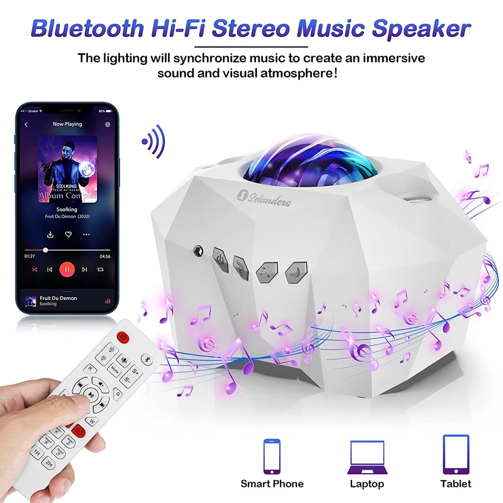 جهاز عرض Star Light Aurora مع Moon LED LED STARRY STARRY SPEAKER في Bluetooth ومصباح ليلي متعدد الألوان عن بُعد For262T