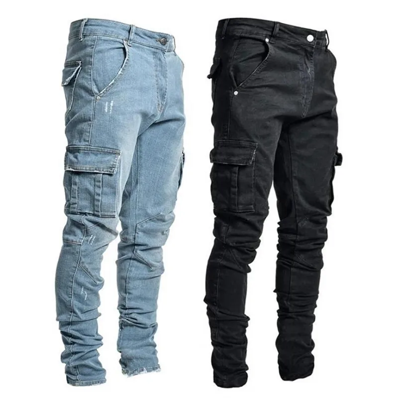 Mens Jeans Summer Men Solid Color Multi Pockets denim Mid midja stretchig mager plus storlek Fahsion byxor dagligen bär 220831