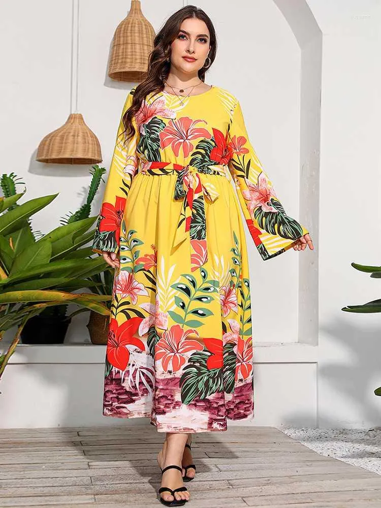 Plus Größe Kleider Sommer Für Frauen 2022 Langarm Floral Print 4xl 5xl Maxi Kleid Hohe Taille Elastische Kleidung