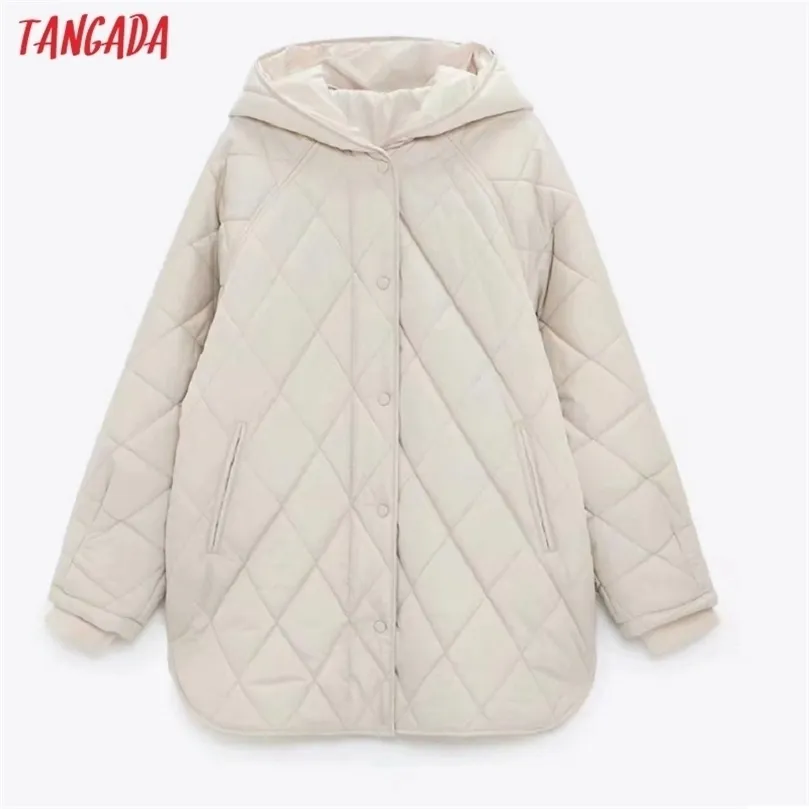 Womens Down Parkas Tangada Women Beige Oversize Long Hood Autumn Winter Sleeve Buttons Pockets Female Warm Coat 6W02 220830