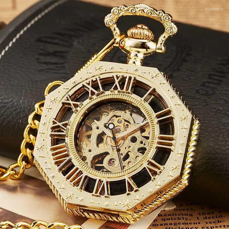 Zegarki kieszonkowe złoty zegarek mechaniczny dla mężczyzn antyczny Steampunk szkielet cyfra rzymska brelok do łańcucha wisiorek ręcznie nakręcany Montre De Poche