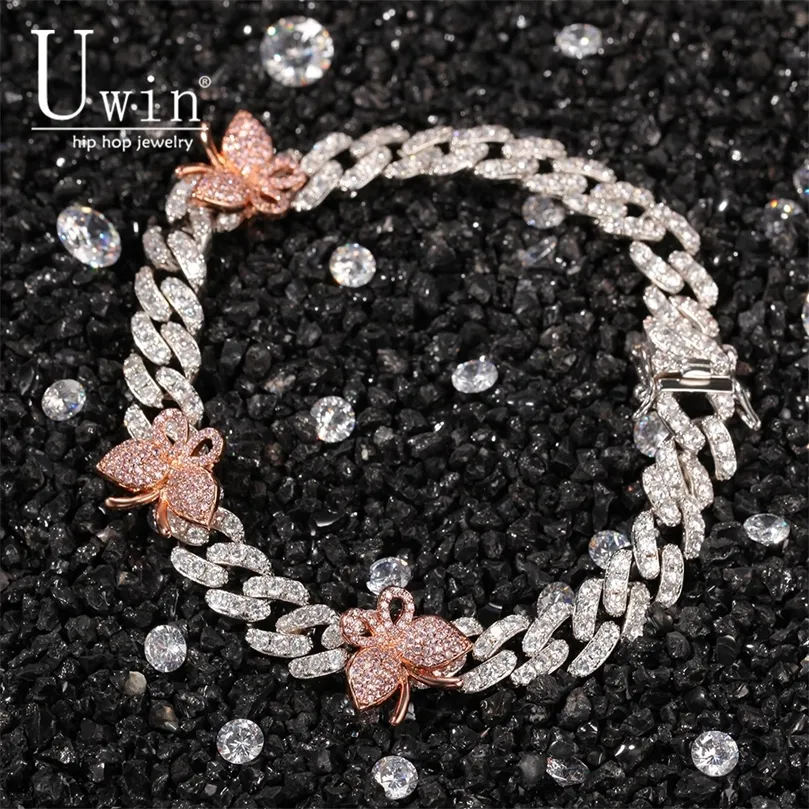 Bangle Uwin 9mm Cuban Bracelet With Butterfly 9inch Ankle Mini Butterfly Pink Cz Punk Miami Link Bling Hip Hop Jewelry For Gift 220831