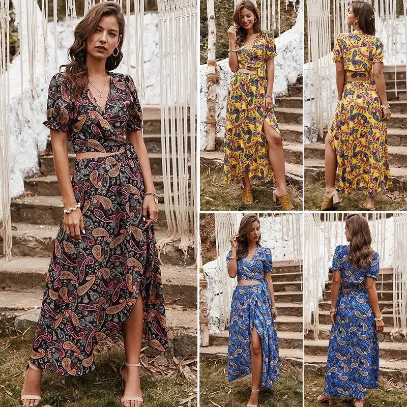 Survêtements femme Boho imprimé col en V manches courtes à lacets hauts courts et jupes longues plage Maxi costume fendu