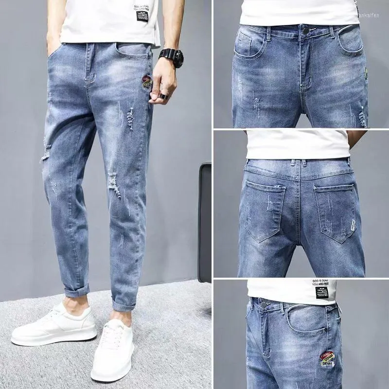 Мужские джинсы Fashion 2022 светлые джинсовые джинсовые джинсы с тонкими разорванными разорванными вышившими брюками мальчики бренд с тонким матчем карандашом для подростков-подростка