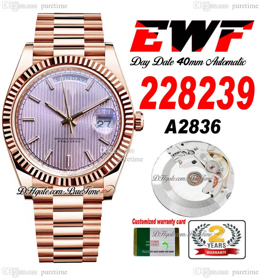 EWF Day Date 228235 A2836 Automatik-Herrenuhr 40 Roségold, geriffeltes, rosafarbenes, strukturiertes Stabzifferblatt, Präsidentenarmband, gleiche Seriennummer, Super Edition Puretime G7