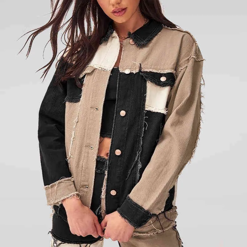 Chaquetas de mujer, chaqueta vaquera para mujer, ropa de moda de otoño de retazos, abrigos vaqueros para mujer, chaquetas cortas cálidas, empalmado completo, nuevo 2021 T220830