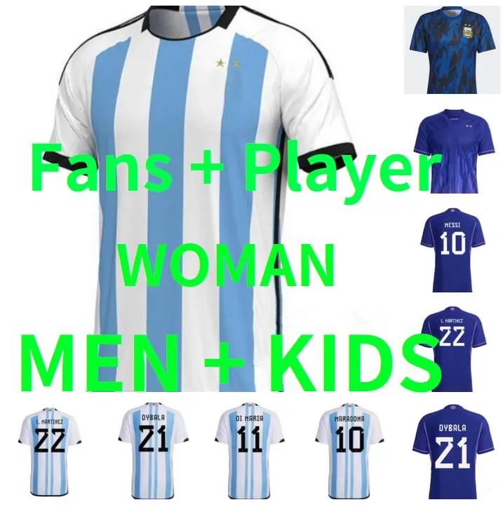 Homens Kit Kit 22 23 Jerseys de futebol Argentina Vers￣o 2022 2023 Kun Aguero Aguro di Maria Dybala Correa Lo Celso Martinez Futebol camisa uniforme