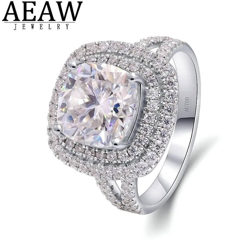 Solitaire Ring Wedding Rings 50Carat 10mm D Color VVS1 CUSHION CUT Halo Engagement Double Pave Seting Solid 14K White Gold Fine 220829