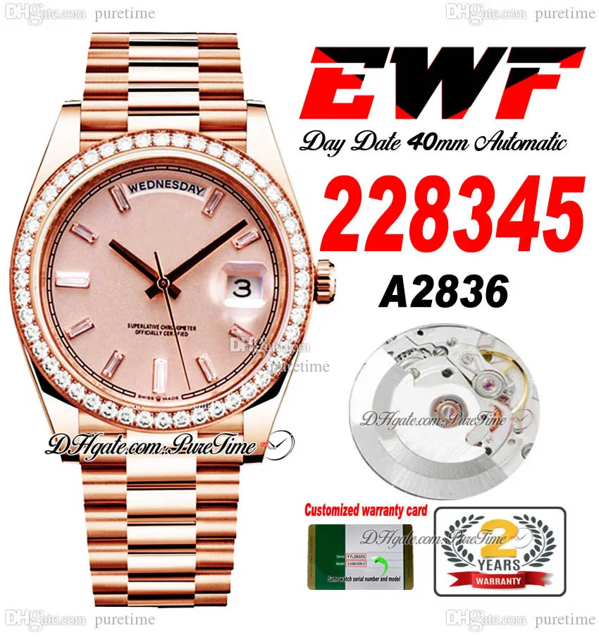 EWF Day Date 228345 A2836 Automatic Mens Watch 40 Rose Gold Diamonds Bezel Champagne Baguette Dial Presidential Bracelet Same Serial Card Super Edition Puretime D4