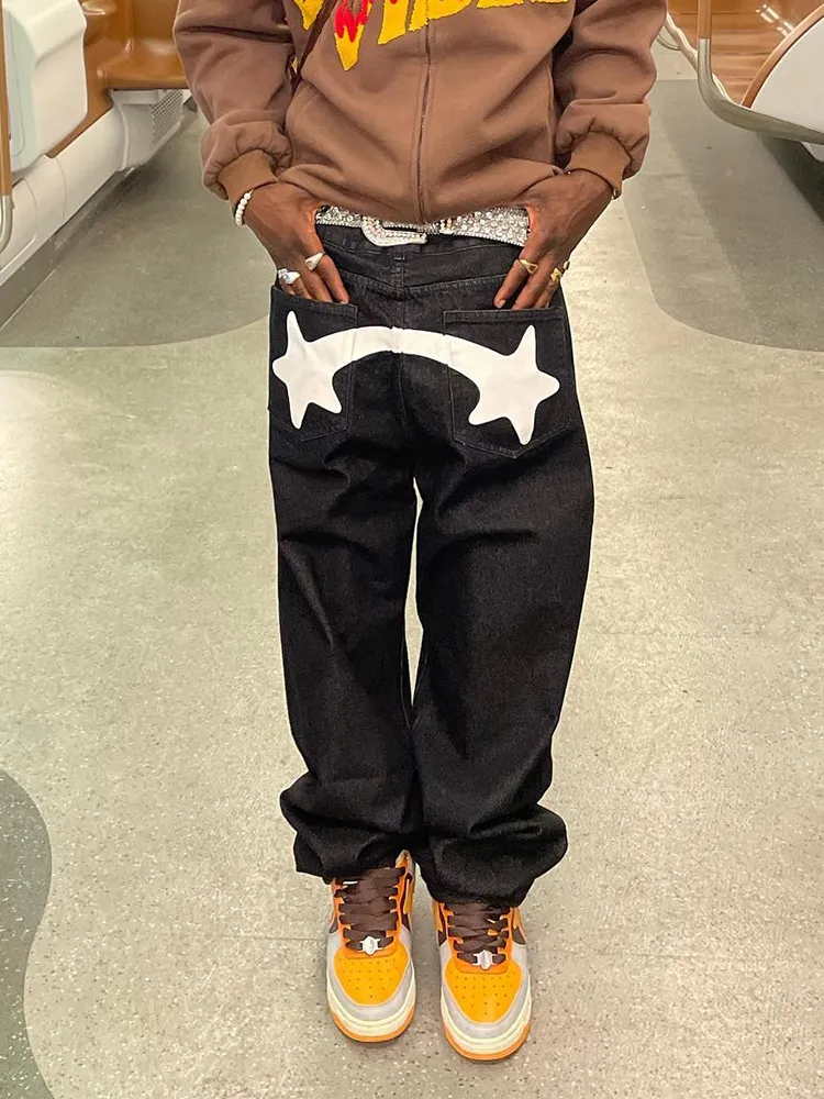 Y2K Fashion Mens Black Star Printed Baggy Vintage Jeans Mens Y2K Fashion Mens Black Star Printed Baggy Vintage Jeans Mens